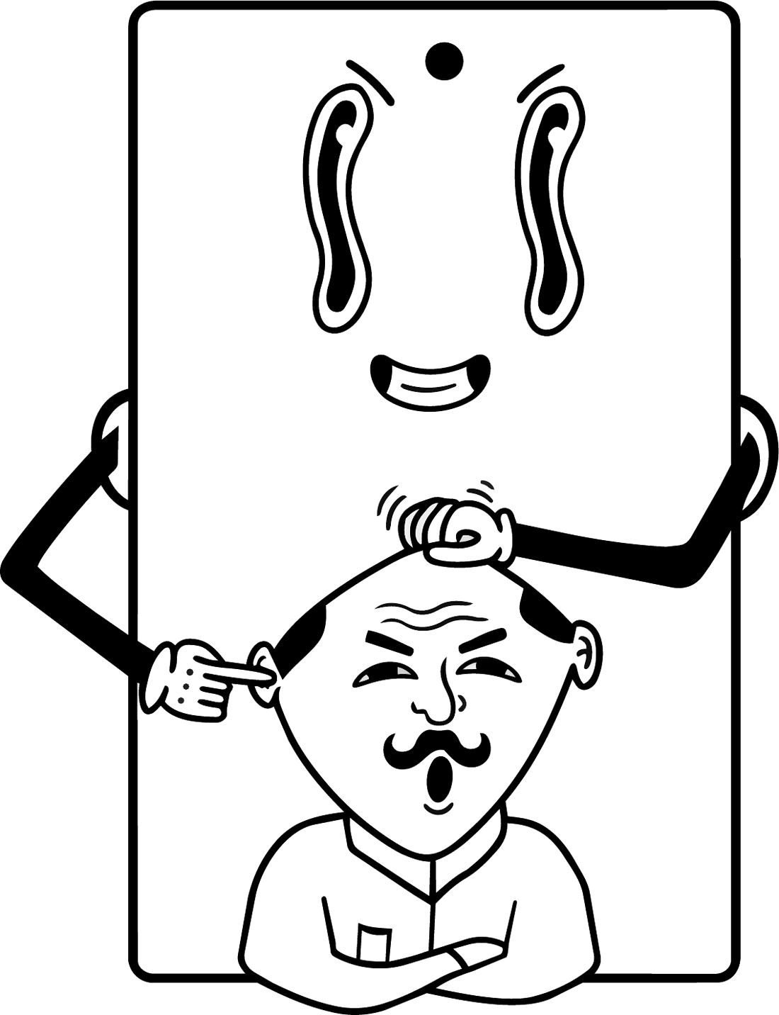A smartphone poking a man’s ear and patting his head
